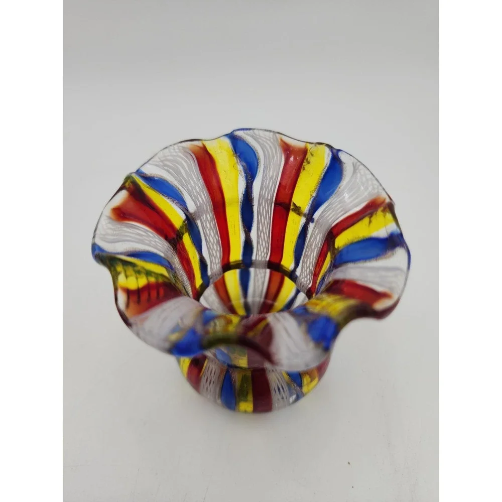 VTG MURANO Latticino Design In Tutti Fruity Colors Toothpick Holder Small Vase